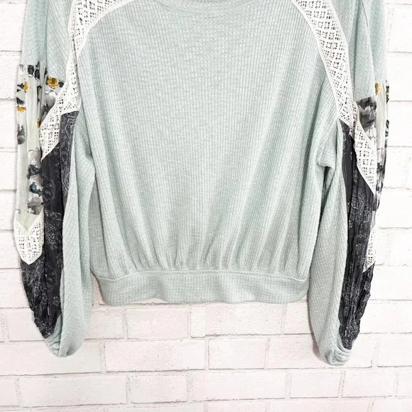 Free People Casual Clash Balloon Sleeve Thermal Top Mint Green Boho Blouse XS - Picture 3 of 7